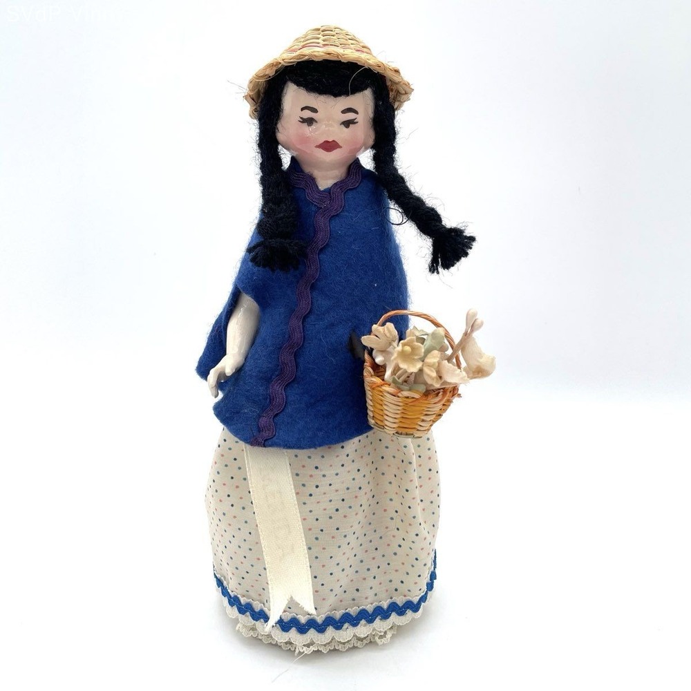 Vintage Asian GirlDoll Figurine Basket of Flowers Handmade Cloth Felt Decorative